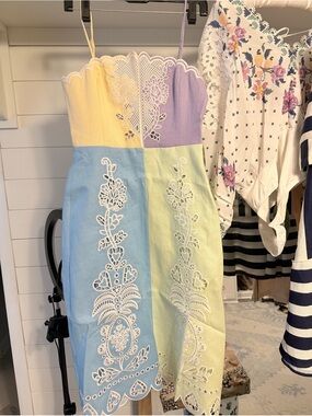 Farm Rio Pastel Colorful Eyelet Embroidered Sundress xs linen new w tags